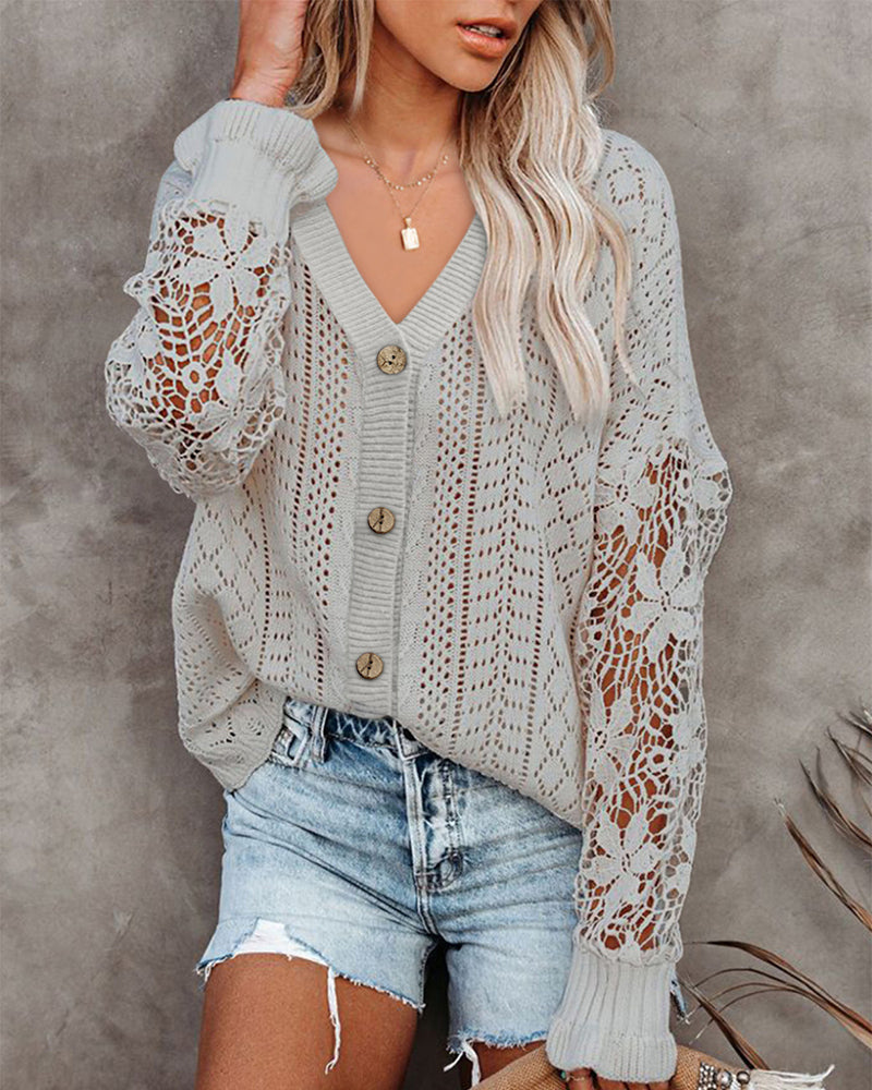 Long Sleeve Lace Cable Knit Sweater Open Front Cardigan Button Loose Shirts