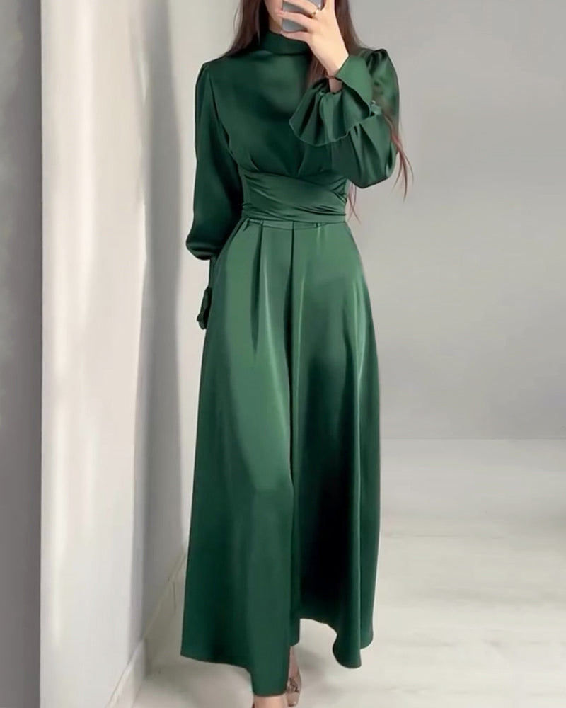 Long Sleeve Belted Puff Sleeve Green Elegant Dress