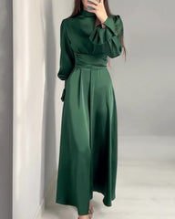 Long Sleeve Belted Puff Sleeve Green Elegant Dress