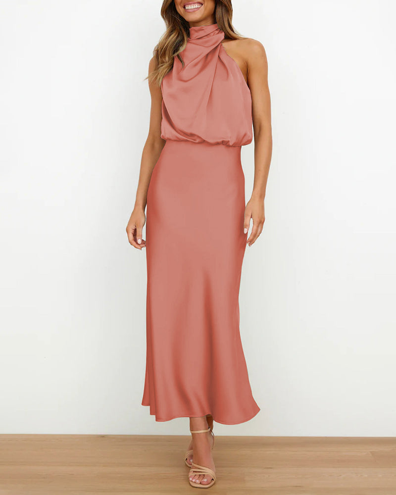 Long Formal Satin Dress Mock Neck High Neck Evening Dress