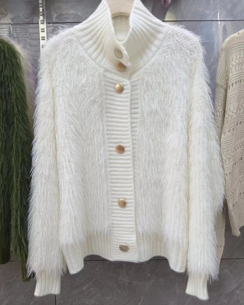 Women's Faux Fur Sweater Cardigan Knitted Turtleneck Jumper Fluffy Coat