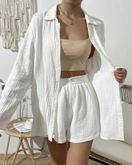 Shorts Set Cotton Pajamas Turn-Down Collar Long Sleeve Tops Suits