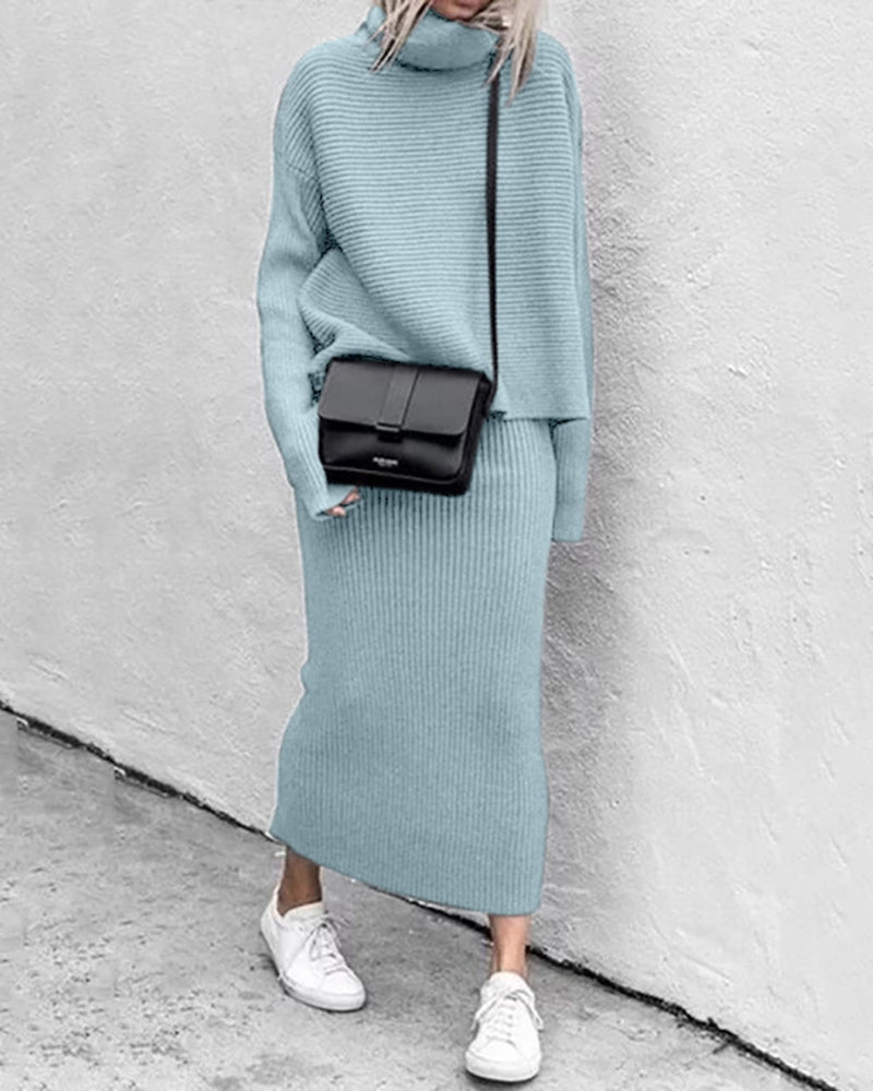 Casual Two Pieces Knitted Turtleneck Sweater Top Long Skirts Lounge Set