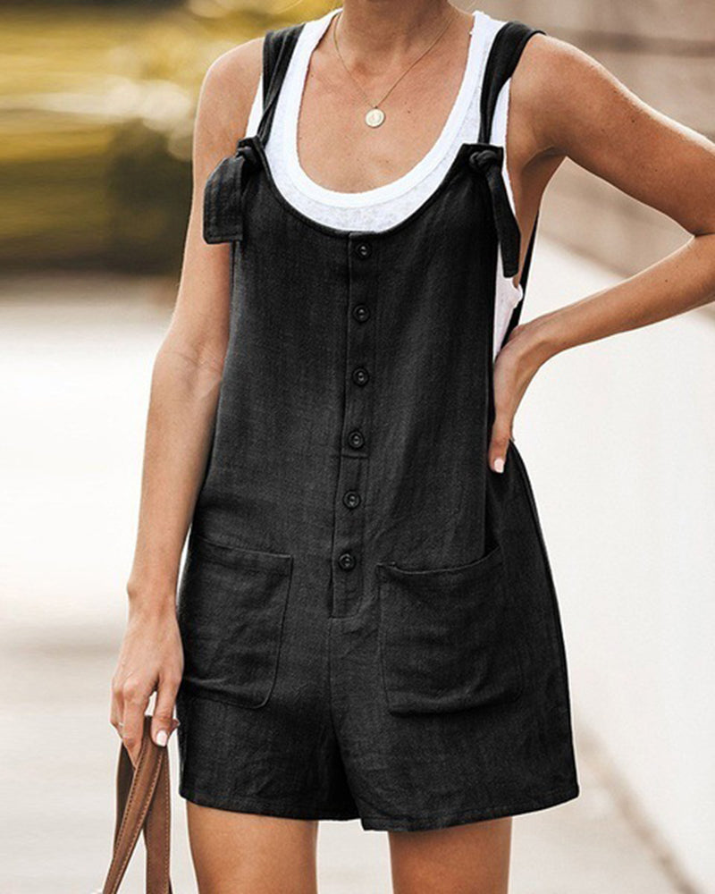 Sleeveless Baggy Fit Overall Strappy Tie Knot Shorts Jumpsuit Csaual Cute Rompers with Plus Size Patch Pockets