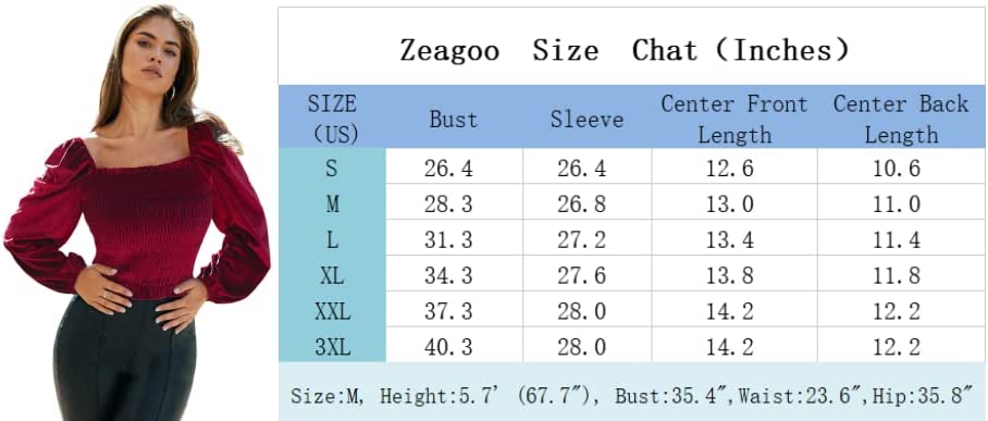 Womens Blouses Long Sleeve Crop Tops Square Neck Sexy Casual Slim Fitted Velvet Tops S-3XL - Zeagoo (Us Only)