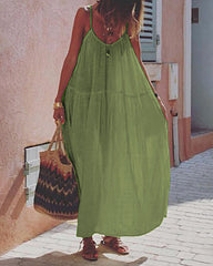 Casual Thin Beach Dress Solid Color Loose Spaghetti Strap Swing Dress
