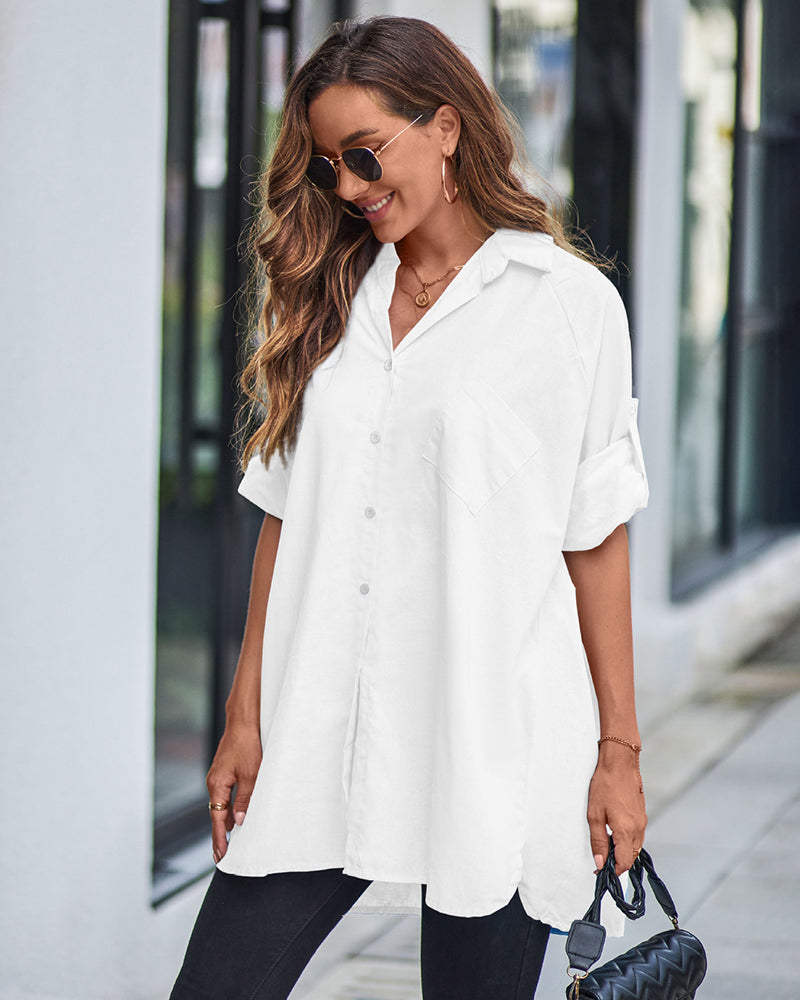 Long Cuffed Sleeve Shirts Button Down V Neck Blouse Loose Fitting Tops