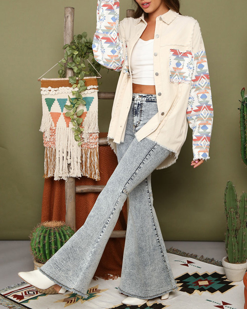 Frayed Denim Jacket Vintage Boho Tribal Button Down Patchwork Shirt Shacket