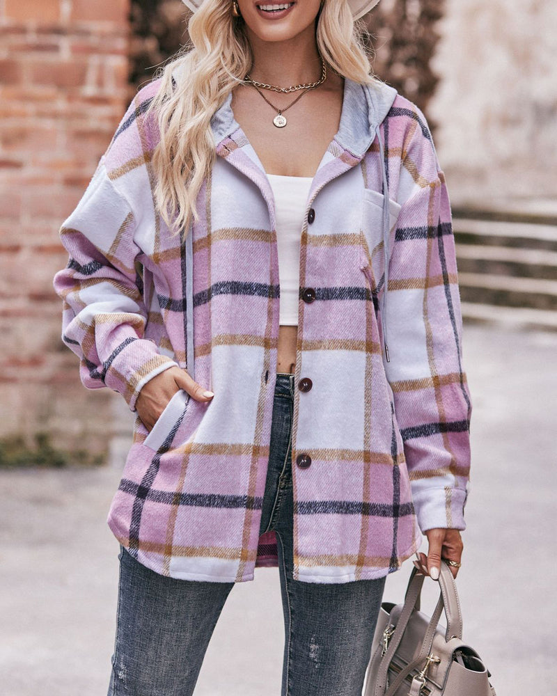 Casual Mid-length Plaid Shirt Hooded Jacket