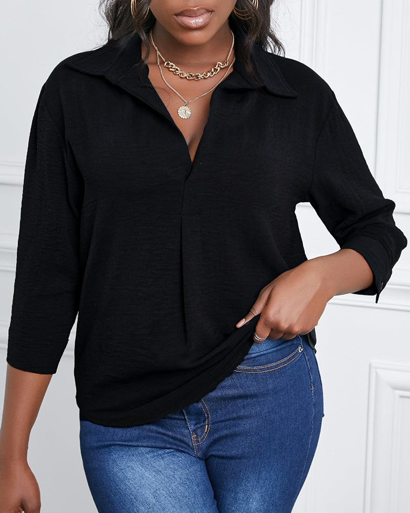 Half Sleeve V-Neck Shirts Loose Casual Chiffon Collared Tunic Work Blouse