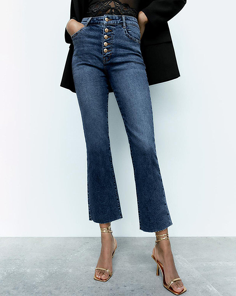 Buckle Design High-waisted Micro-flared Jeans Casual Cropped Pants
