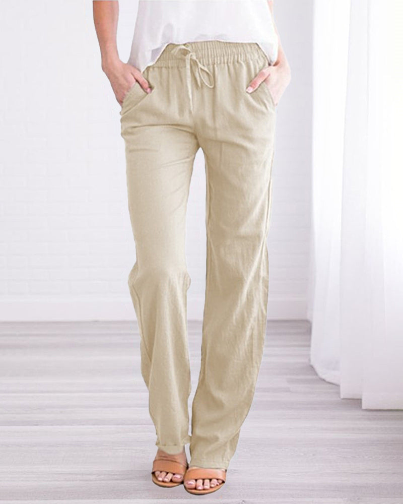 Solid Color Drawstring Elastic Waist Pants Casual Trousers with Pockets