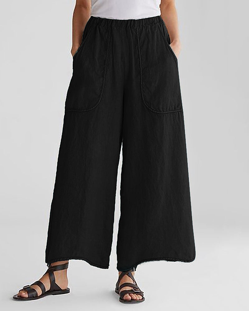 Basic Mid Elastic Waist Wide Legs Cotton Cropped Beach Pants Trousers with Pockets