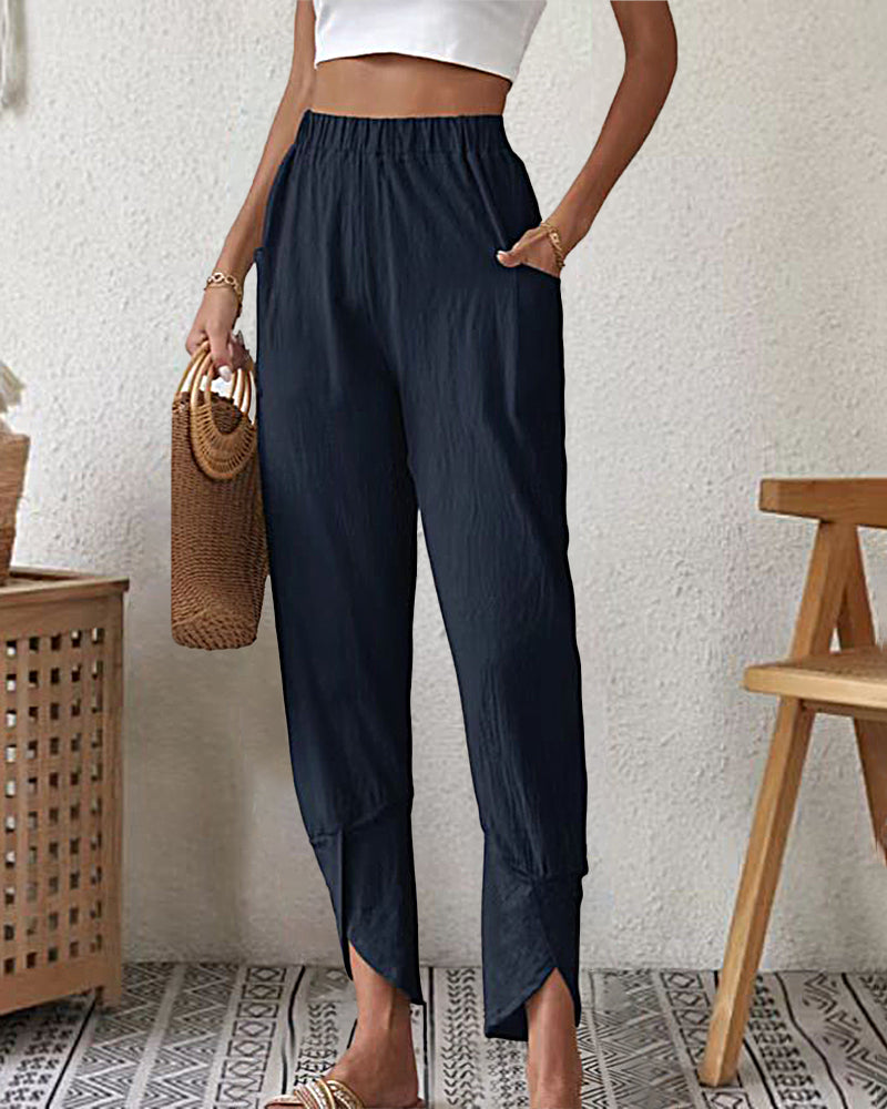 High Waist Wide Leg Palazzo Lounge Pants Smocked Elastic Waist Cotton Pants