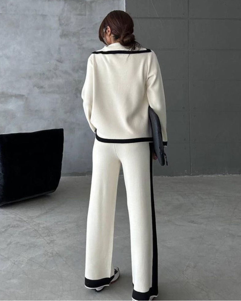 Collared Casual Comfort Knitted Set Color-Blocked Long-Sleeve Top and Pants