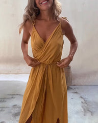 Loose Deep V Neck Slit Pants Jumpsuits Dress