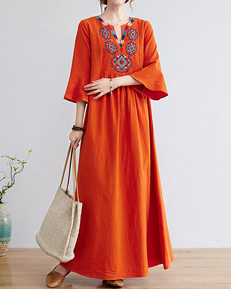 Loose Embroidered Floral Cotton Linen V-Neck 3/4 Sleeve Dress