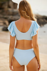 Blue Solid Color Ruffle Sweet Bikini