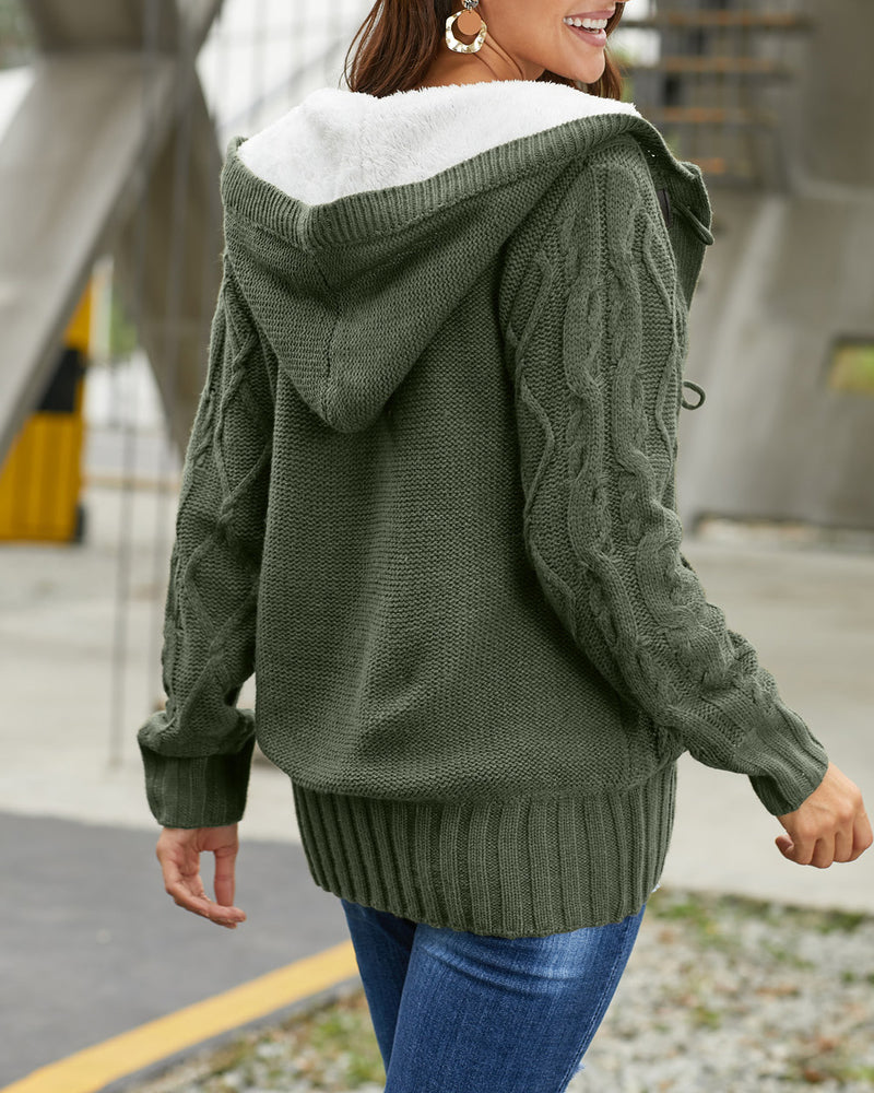 Casual Loose Fitting Fluffy Button Down Knitwear Coatigan Chunky Cable Hooded Cardigan