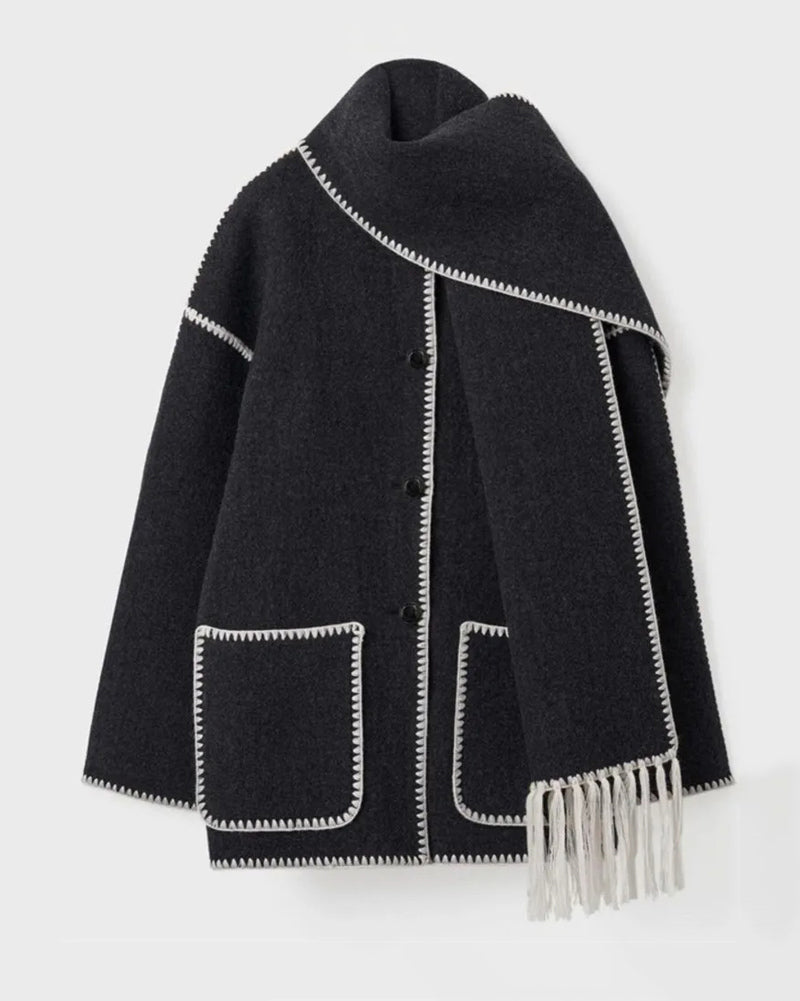 Women's Thickened Loose Woolen Coat with Fringed Scarf