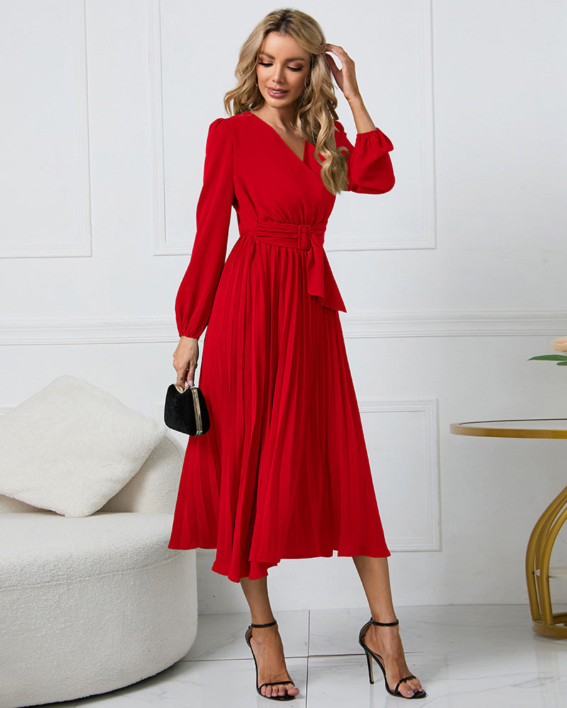 Elegant Wrap V Neck Lantern Sleeve Bulted Pleated Flowy Midi Dress