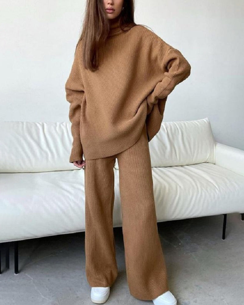 2-Piece Garment Knit Turtleneck Pullover Wide Pants Tracksuit Sweater Set