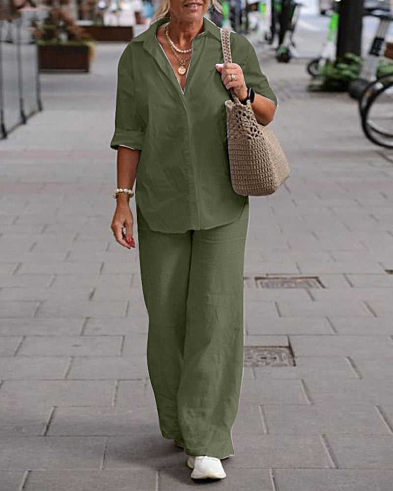 Two Piece Set Lapel Long-sleeved Shirt Casual Solid Color Wide-leg Pants Suit