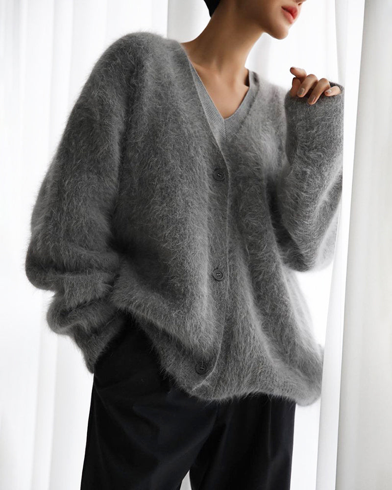 Fuzzy V Neck Loose Cardigan Sweater