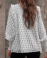 Polka Dot Chiffon Blouse Top Ruffle Lantern Sleeve Shirts Long Sleeve Office Blouse