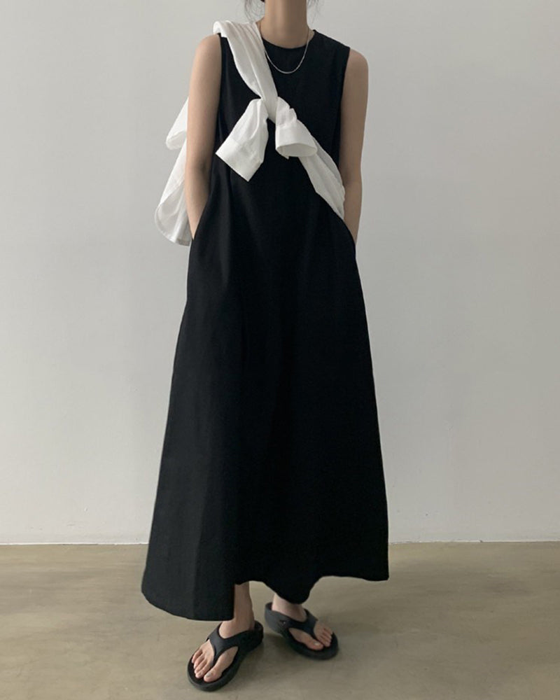 Loose Cotton Linen Dress Long Sleeveless Knee Tank Dress
