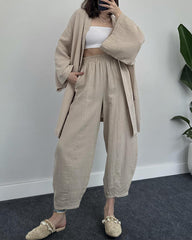 Casual Loungewear Set Solid Color Loose Long Sleeve Kimono Cardigan and Pants