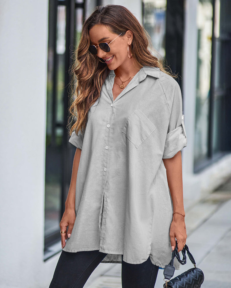 Long Cuffed Sleeve Shirts Button Down V Neck Blouse Loose Fitting Tops