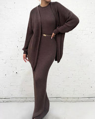 Lazy Style Knitted Sweater Long Dress & Cardigan Two-piece Sets