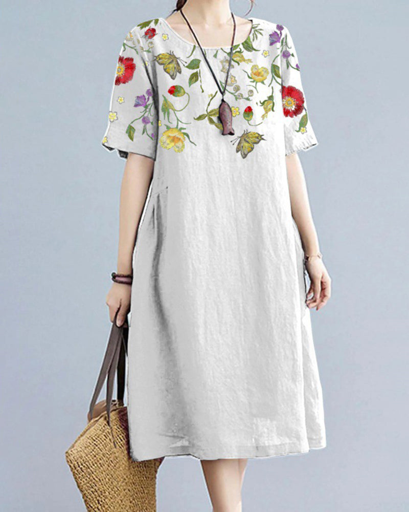 Printed Short Sleeve Casual Loose Fit Mini Dress