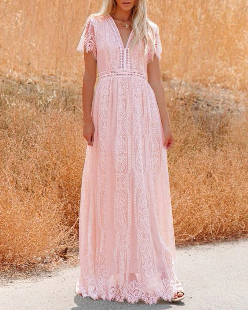 V-Neck Half Sleeves Lace Bohemian Floor Length Dress