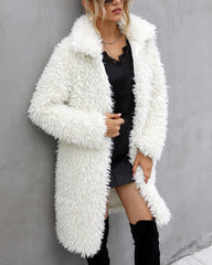 Open Front Fuzzy Coat Faux Fur Plush Lapel Warm Long Coat