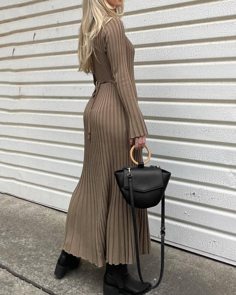 Long Sleeve Dress Crew-Neck Knit Maxi Dress Ribbed Elegant Long High Waist Pleated Dresses