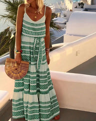 Strap Stripe Print V Neck Boho Long Maxi Dress Summer Flowy Tie Waist Beach Sundress