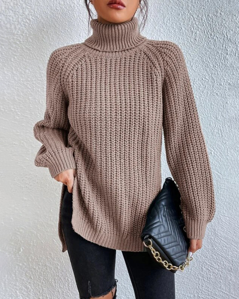 Mid-Length Raglan Sleeve Turtleneck Slit Sweater