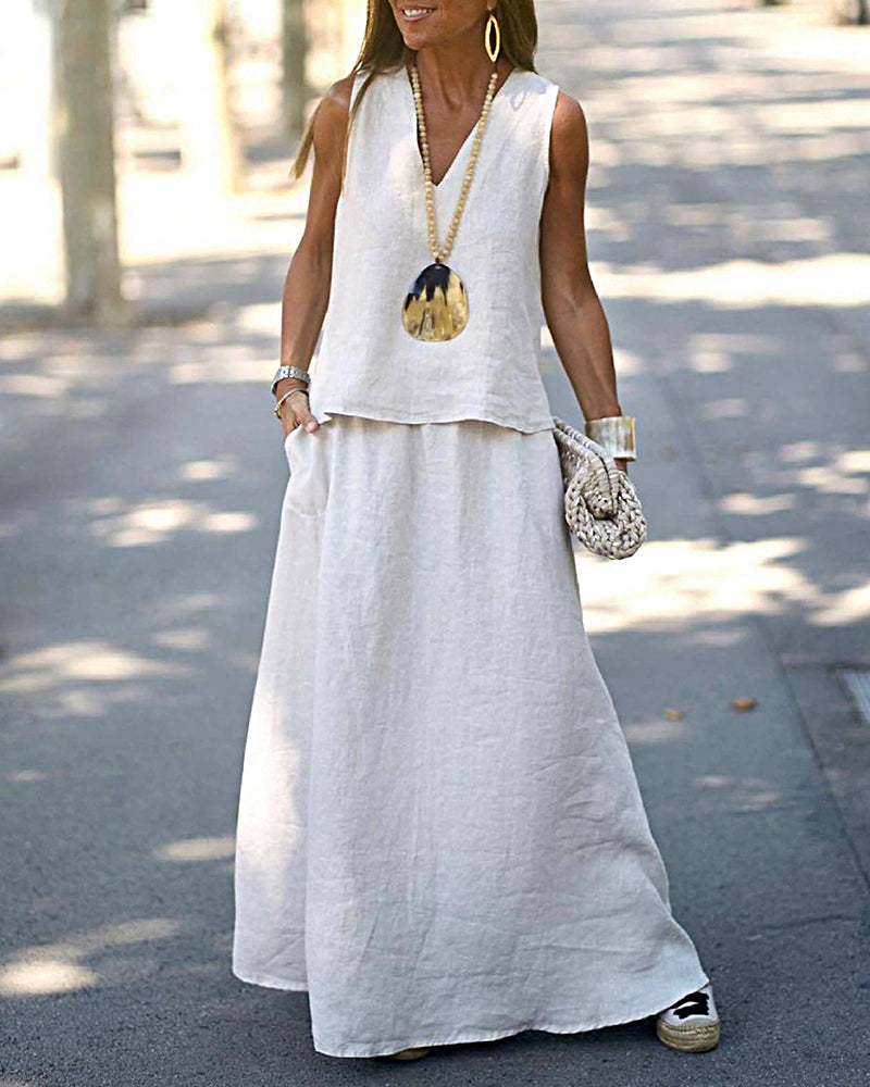 Casual Sleeveless V-neck Vest with Elastic Waist Long Flowy Skirt Set