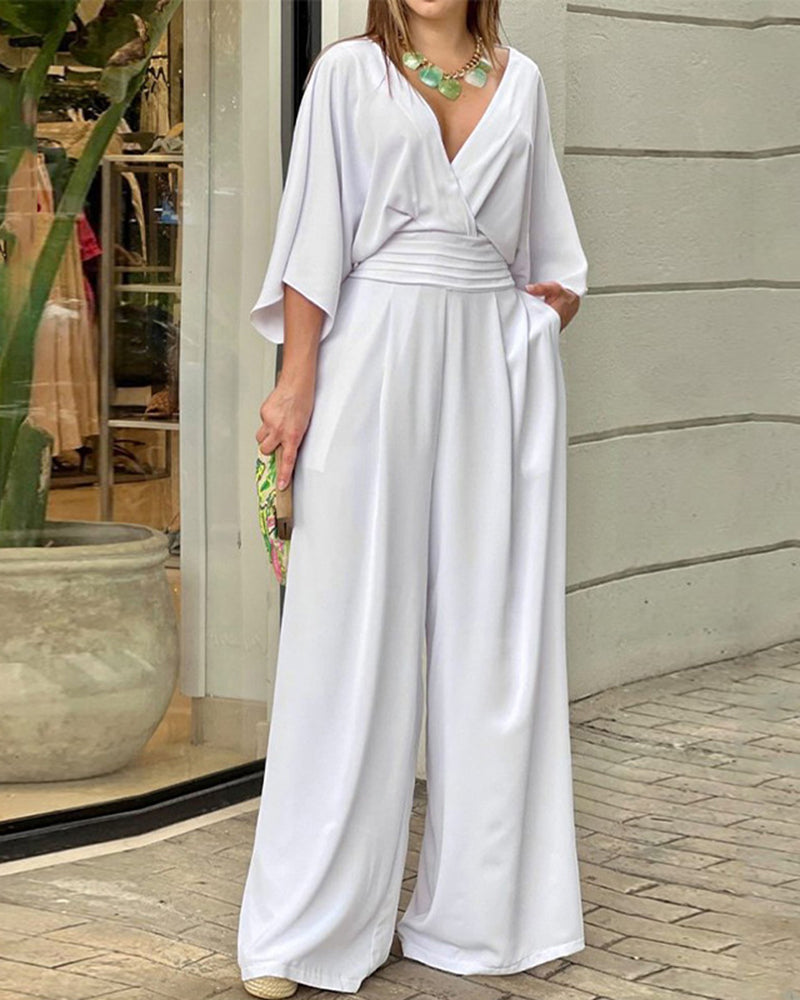 Deep V Long Bat Sleeve Casual Jumpsuit High Waist Wide Leg Trousers Cute Rompers