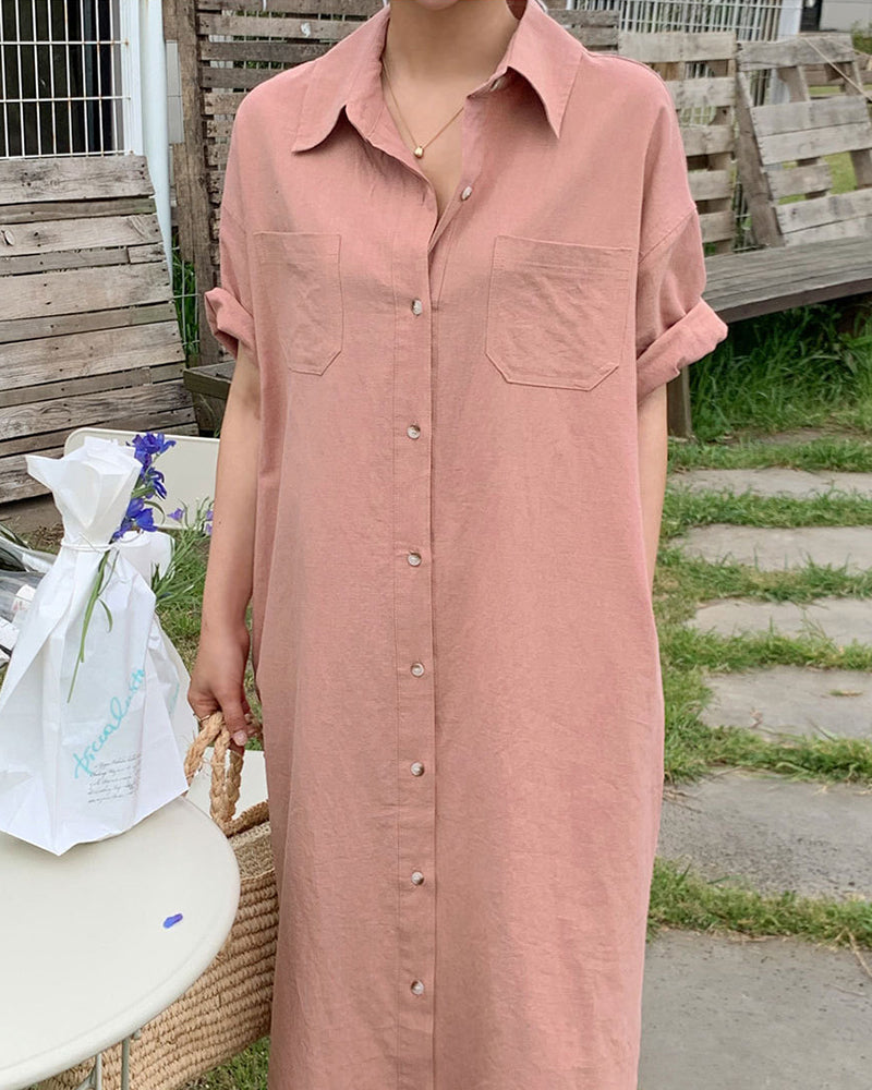 Oversized Button Down Maxi Shirt Dress Short Sleeve Side Split Casual Loose Solid Tunic Dress