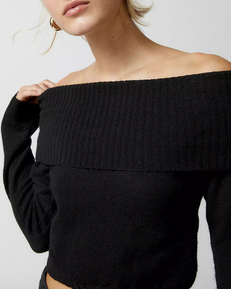 Chic Off Shoulder Sweater Solid Basic Sexy Slim Fit Crop Top