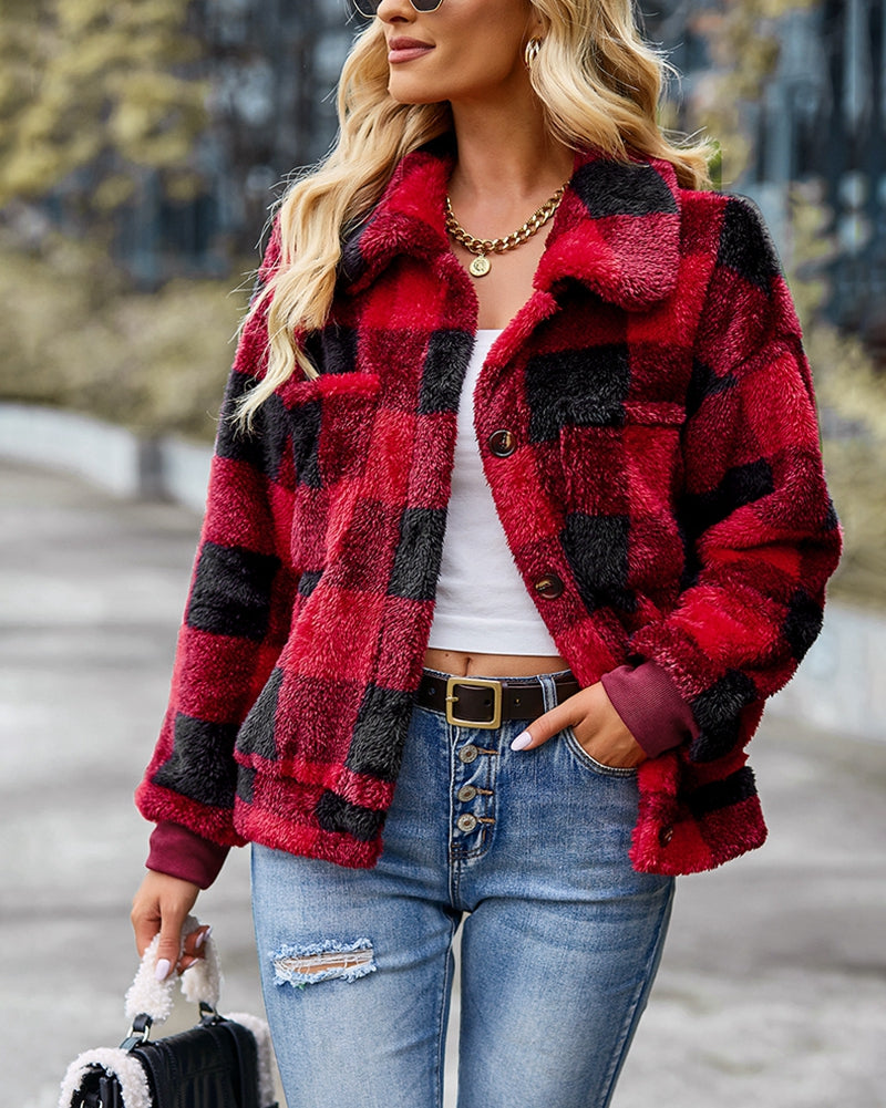 Double Sided Fleece Long Sleeve Plaid Jacket