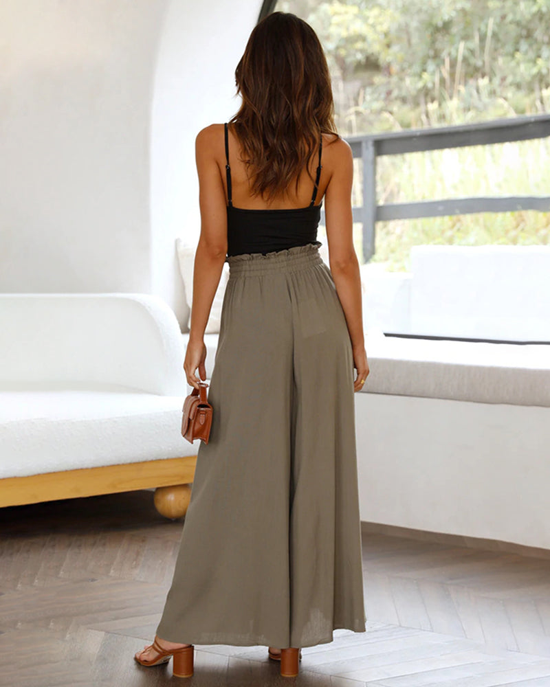 Wide Leg Flowy Pants Summer Boho Elastic Waist Drawstring Palazzo Trousers