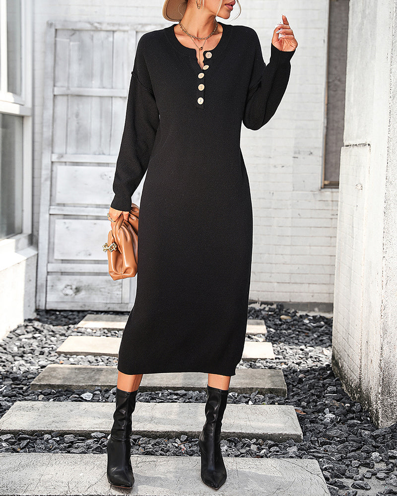 Sweater Maxi Dress Long Sleeve Button V Neck Knitted Dresses Oversized Loose Fashion Streetwear