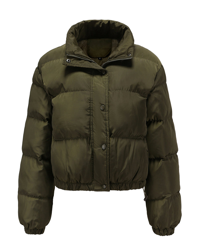 Short Puffer Jacket Stands Up Button Zipper Outerwear