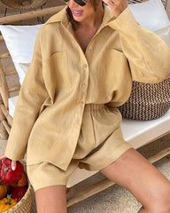 Two Piece Set Casual Loose Shirt Jacket and Elastic Shorts