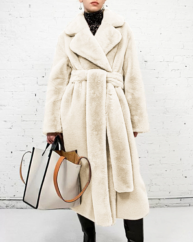 Women Warm Thick Coat With Belt Fax Fur  Long Coat