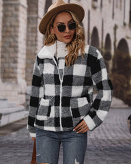 Double Sided Fleece Long Sleeve Plaid Jacket